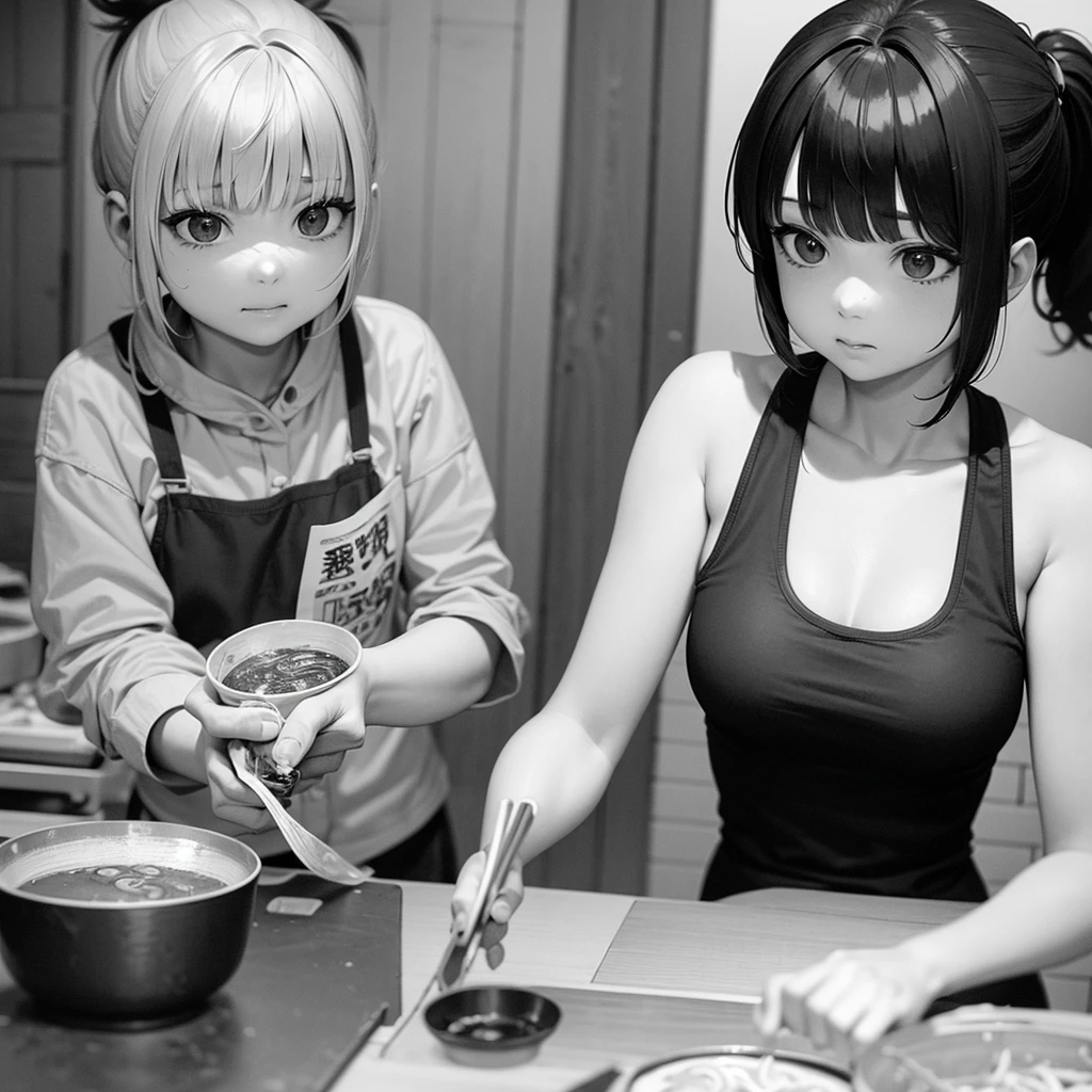 A young girl making ramen。
Her hairstyle is a straight cut with heavy bangs.、The hair is tied up in a ponytail。
Draw a comedy manga style picture。In black and white