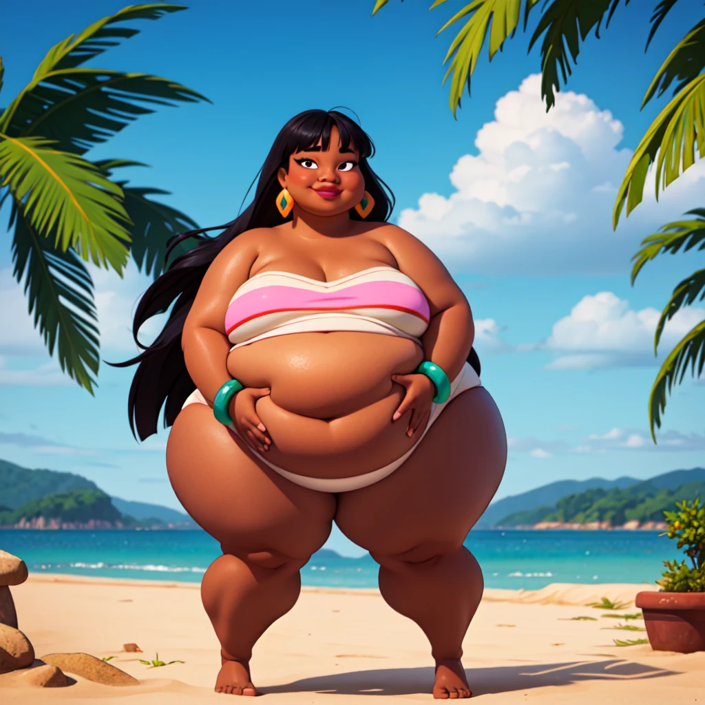 (work of art:1.2, best qualityer:1.2), SSBBW, Giant breasts, thunder thighs, soft ambient lighting, perfect lighting, 1 girl, standing alone, Chel, Bblack hair, long hair, rhombus stripe, eyes browns, darkskin, lipstick, breasts big, Broad Hips, top of the tube, neckleace, bared shoulders, emerald earrings, emerald bracelets, looking at the camera with a smug expression on his face, beach background, very large body, fat belly rolls, big breasts, sexy smile, fat arms, thunder thighs, super fat, looking at viewer, wet clothes, sweating very hard, sexy looking, blob