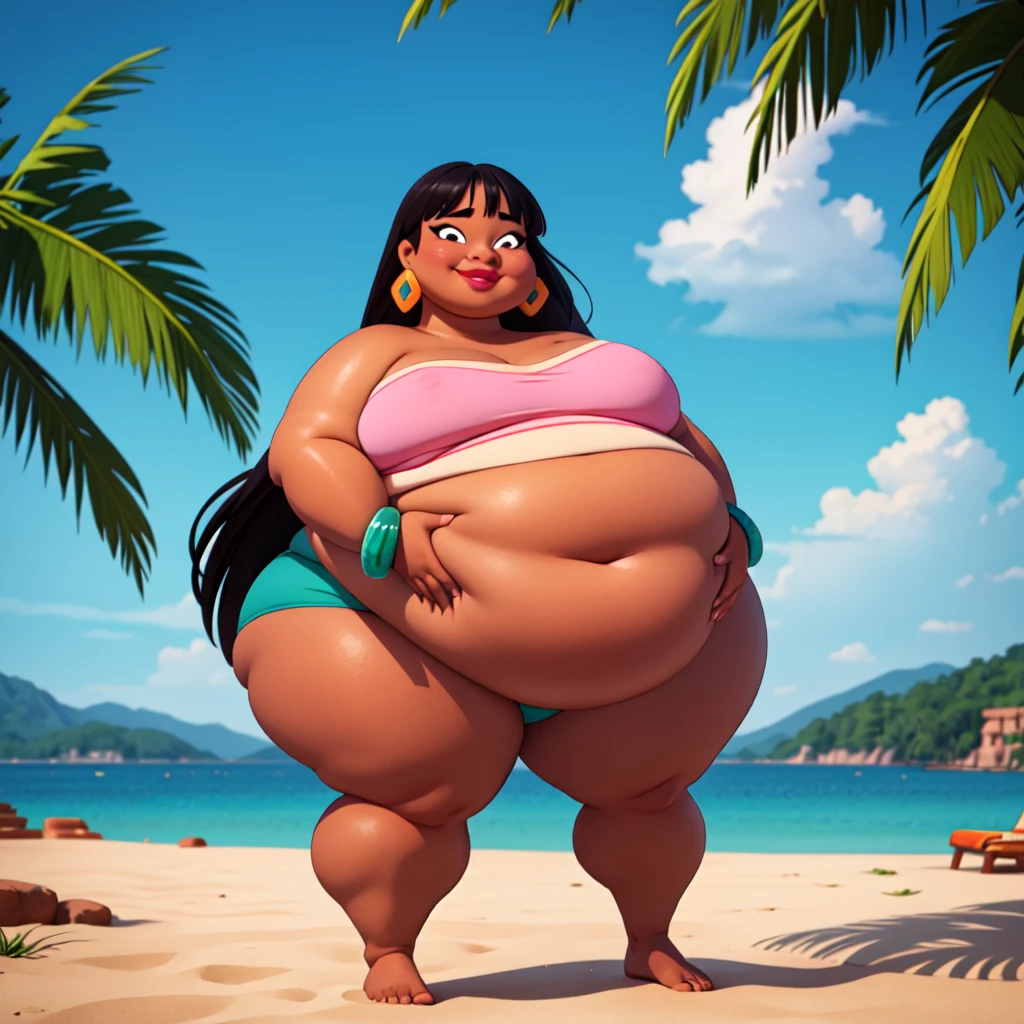 (work of art:1.2, best qualityer:1.2), SSBBW, Giant breasts, thunder thighs, soft ambient lighting, perfect lighting, 1 girl, standing alone, Chel, Bblack hair, long hair, rhombus stripe, eyes browns, darkskin, lipstick, breasts big, Broad Hips, top of the tube, neckleace, bared shoulders, emerald earrings, emerald bracelets, looking at the camera with a smug expression on his face, beach background, very large body, fat belly rolls, big breasts, sexy smile, fat arms, thunder thighs, super fat, looking at viewer, wet clothes, sweating very hard, sexy looking, blob