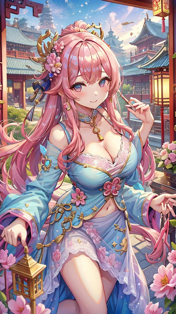 Masterpiece、Highest quality、Super detailed、1 girl、Light pink hair、Fluffy and soft long hair、Starry eyes、Big Tits、Cleavage、Chinese clothing、ribbon、Frills、Belly button、Chinese fantasy town、Earrings、choker、Chinese style hair accessories、City of glitter、lanthanum、smile