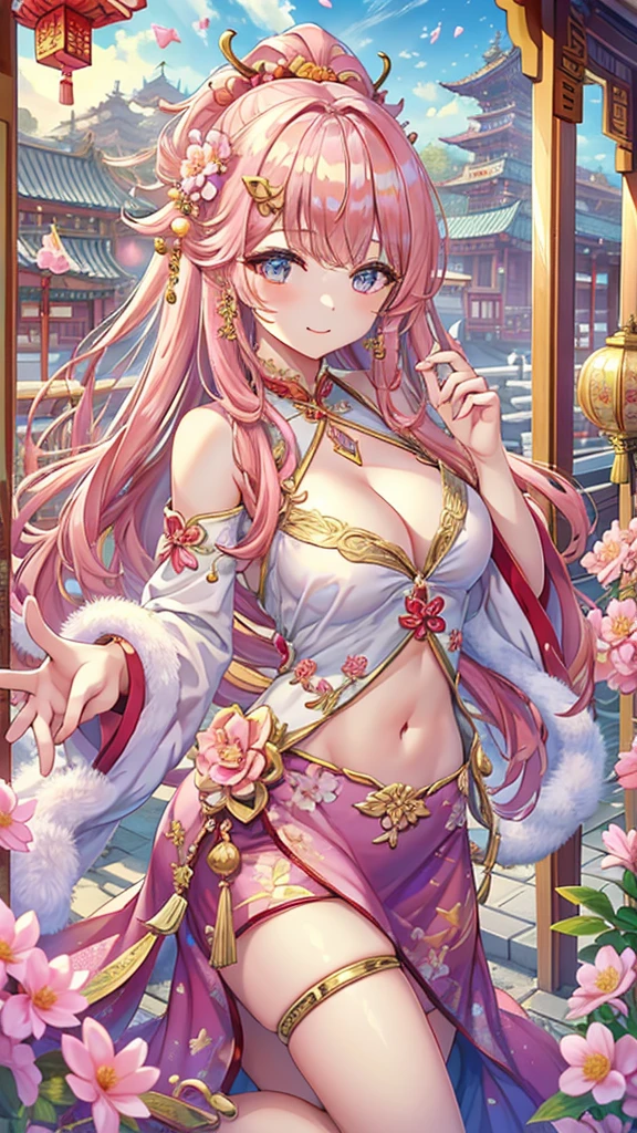 Please follow the all prompts below exactly and faithfully, This is a masterpiece of the most beautiful digital illustrations in the highest quality with maximum resolution, UHD, 512K, 2160p, 10 million ppi, 300 million dpi, natural tones, created with ultra-clear details, the highest realistic skin and hair texture, the most beautiful detailed eye features, a perfect anatomically correct human body, a beautiful background with depth, the rule of thirds, depth of field, and the best and most beautiful natural lighting, BREAK 1woman, 25years old, beautiful face sharp, elf, Ultimate perfect body style, pink hair, long hair, ponytail, beautiful blue eyes, beautiful big breasts, highly upturned breasts, smile, shiny clothes, (Ultimate minimum pink erotic Chinese dress:1.5), at the outdoor poolside, 

