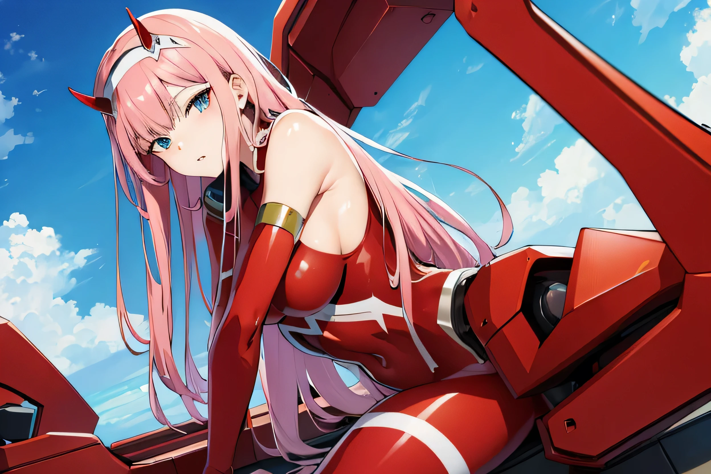 masterpiece, Highest quality, High resolution, bb zero 2, Long Hair, horn, hair band, Red bodysuit, Are standing, robot, cockpit, Straddling the seat, Leaning forward, blue sky, 