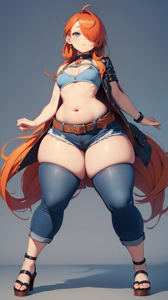 blank background, (((full body))), (masterpiece), ((best quality)), (very short girl), ((flat chest)), hair over one eye, (wide hips:1.4), ((thick thighs:1.4)), (blue jeans), sandals, belt below navel, fanny packs, ginger hair, from behind