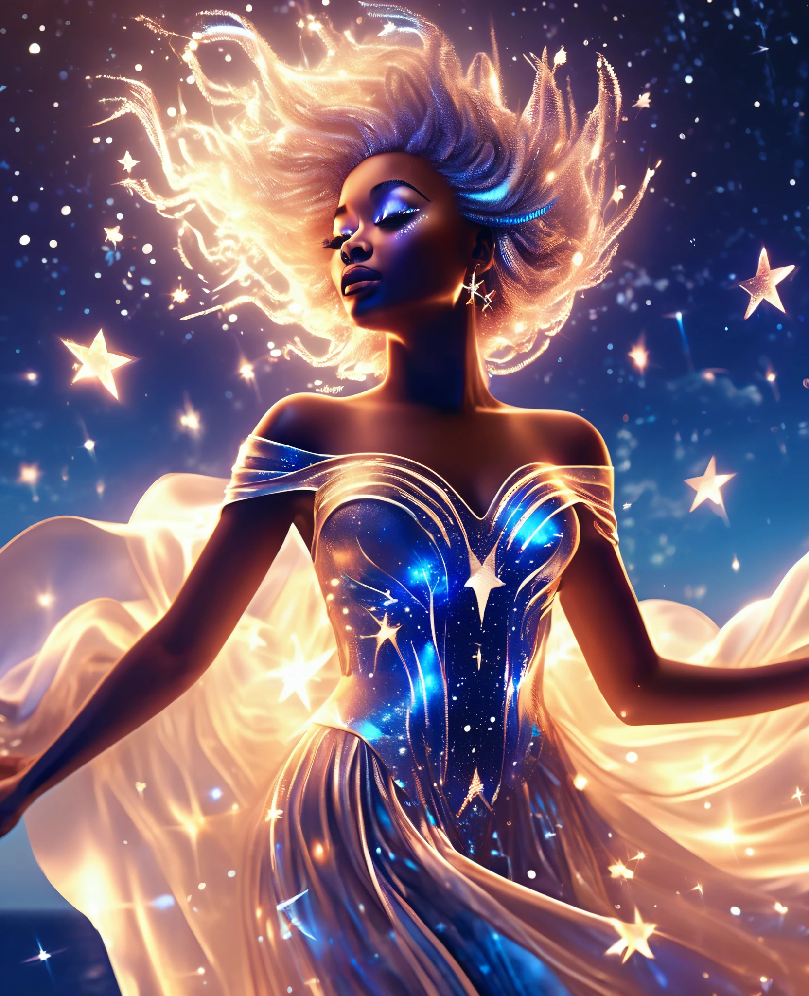 A luminous black woman formed entirely of radiant, twinkling stars, suspended in the celestial expanse, draped in a flowing, ethereal gown that undulates with a life of its own. Her transparent, starry body glimmers with an otherworldly light, as if she is a living, breathing galaxy. The night sky surrounding her is set aglow with vibrant, dancing aurora borealis, which reflects perfectly on the calm, moonlit ocean below. Create a stunning, 32k, ultra HD, hyper-realistic image that captures the magic of this enchanting scene, with every star and sparkle shining bright.