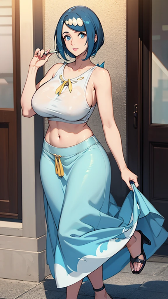 A sexy girl, beautiful beauty, light blue hair, her big round blue eye, light pink lip, she wears a white sleeveless shirt, shows her navel, and a long blue skirt with a long heel, black hair, wearing a pussy.