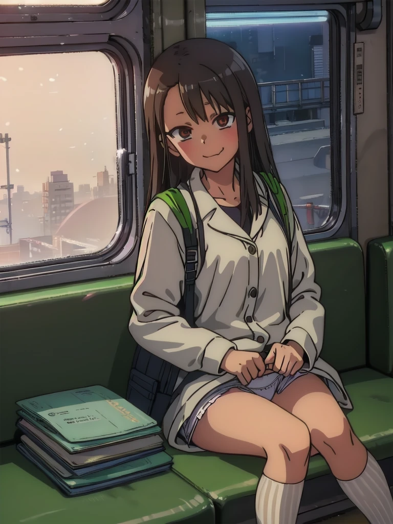 (1) sitting alone on a long train seat,Sit with your legs apart,Showing white panties, Composition from the front,Low Angle,
(2) I'There is a JK, She is wearing a miniskirt uniform, Sailor suit and loose socks.,
(3) I have medium length brown hair,
(4) Provocative, smirking expression.,
(5) The location is a long seat on the Yamanote Line at night..,There are no other customers,The view outside the window is the night view of the city.
