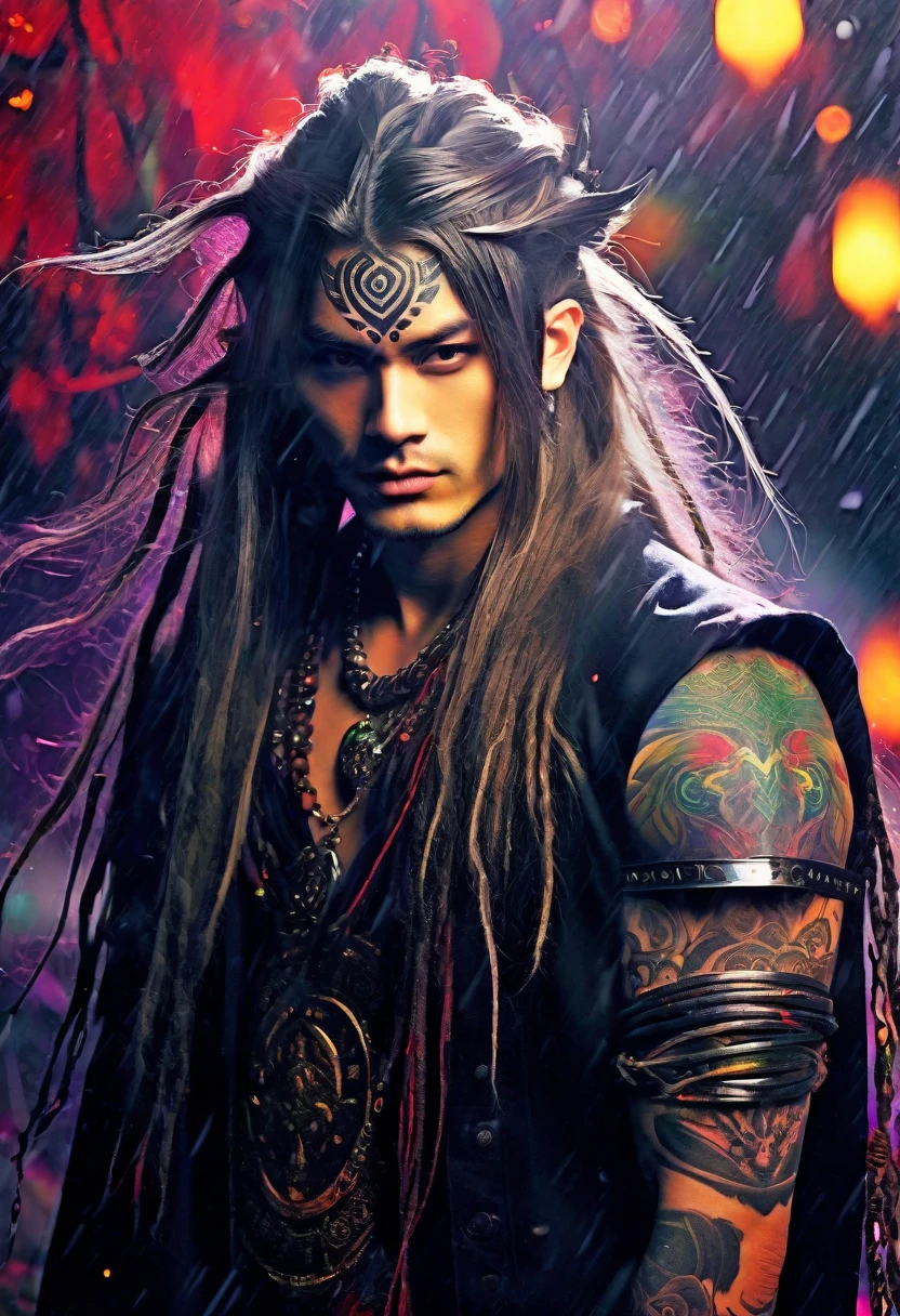 An ethereal sultryseductivedemonic 20 year old anime male druid with metallic long hair and tattoos, intimately holding and almost kissing a 20 year old anime male, anime druid demon male hellscape at night, manga inspired by Masashi Wakui, rainbow color palette, atmospheric fog, decay, worn textures, rain-soaked fantasy village, manga-style illustration --s 150 --ar 1:2 --c 5 Removed From Image