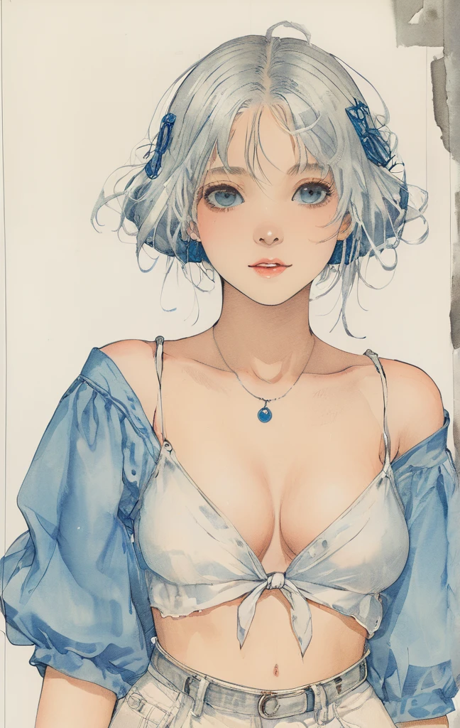  female，silver hair，blue eyes，short camisole，crop shirt，Off shoulders，white，Art， anime，illustration