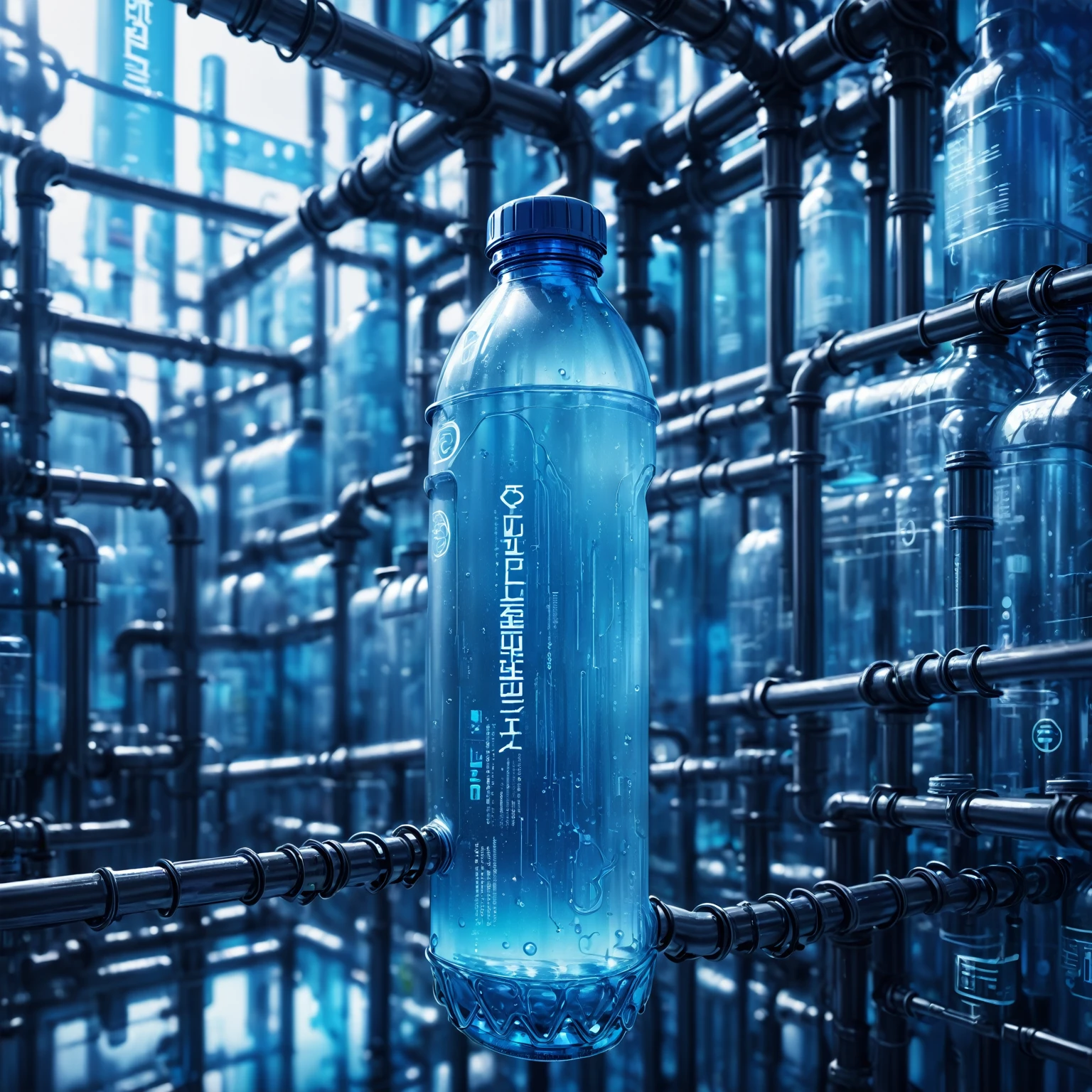 A clear empty plastic bottle，There are many digital pipelines connected outside the bottle，filling with water，Linking、complicated，blue tint、cyberpunk、Refreshing background