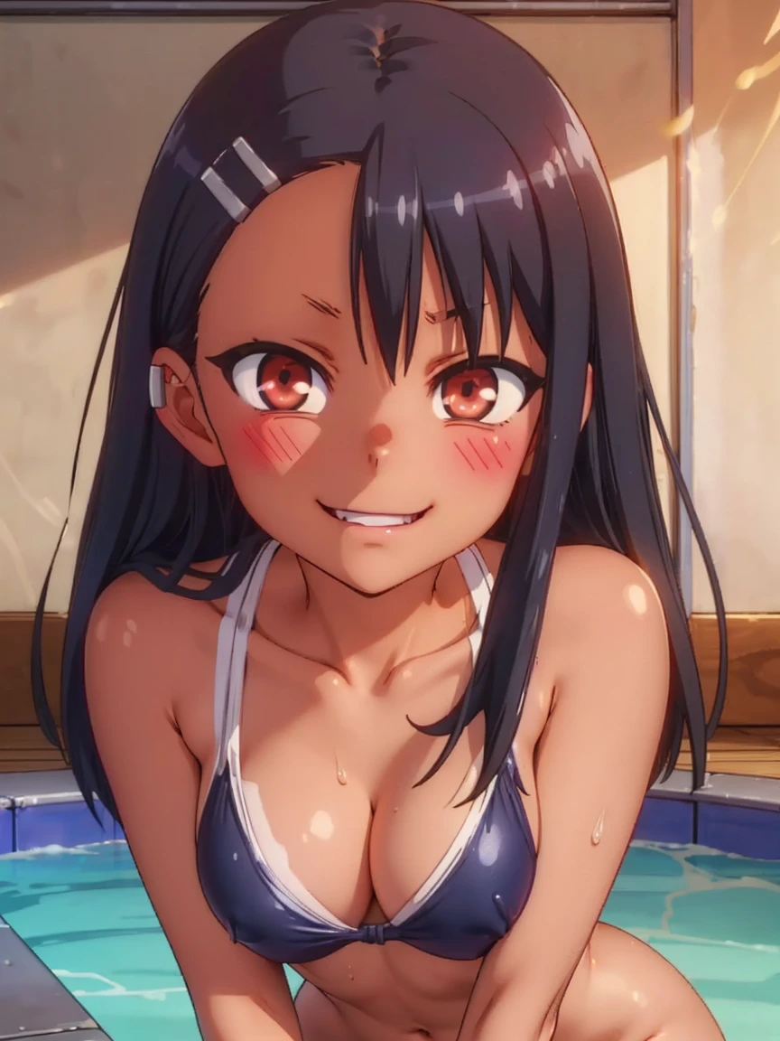 Hayase Nagatoro, tanlines, seductive pose, nude, naked, no cloths, beach, wet, black hair, 1girl, solo, masterpiece, professional artwork, famous artwork, perfect face,perfect eyes, Nagatoro Hayase, hair ornament, brown eyes,(glowing eyes:1.1), hair clip ,dark skin, black hair, black hair, beautiful face, evil smile, evil eyes, ((perfect female body, narrow waist)),mature content, nsfw, lewd, nipples visible, tanlines from swimsuit, nude, naked, Sexy pose, evil smile