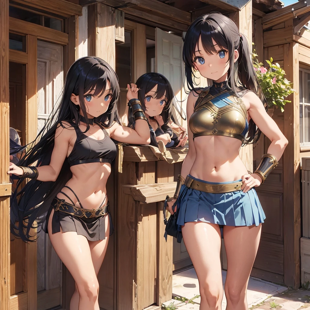 a beautiful Greek warrior standing guard at a door, Greek warrior, 3 girls ,tanned skin, brown skin, ancient Greece, classical Greece, black armor ,slim body, defined abdomen , warrior woman, short skirt, light armor, black hair, blue eyes , green eyes
