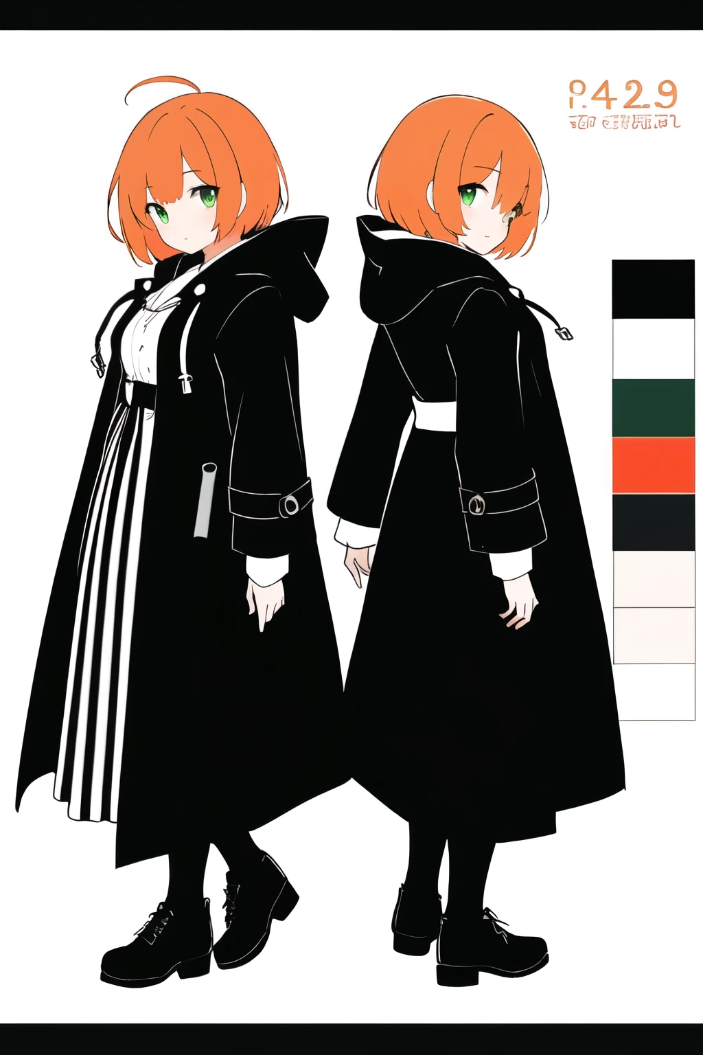 ((Masterpiece, High qualityสุด)), High quality, 8ก, 4K, Highly detailed, high contrast, Masterpiece:1.2,High quality, The best aesthetics), detailed face, character design sheet, full body, full of details, front view, back view of body, มีHighly detailed, female, red-orange hair color, short bob style ,The skin color is white., The eyes are dark green., Eyes sharp like a hawk, There is a red rim at the corner of the eye.. robes: The coat is black with green stripes., Long sleeves and hood. Wear a mask with a black hawk.'His mouth covered his mouth and his nose., glove, watch, shorts, The socks are knee high and covered with knee pads., canvas shoes, and holding a futuristic style rifle. Very detailed illustrations.