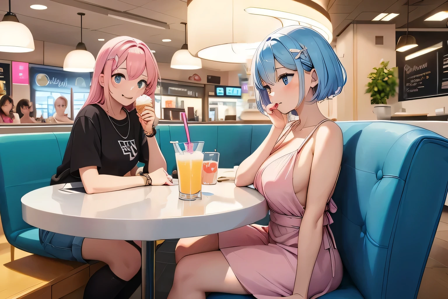 "TWO GIRLS are sitting at the SAME TABLE in a modern ice cream parlor inside a shopping center.
1- GIRL ON THE LEFT: LONG LIGHT PINK HAIR, SMALL BREASTS, wearing a SHORT LIGHT BLUE SHIRT and SHORT JEANS (Prioritize the outfit shown in the image with TASK ID CPIFKKTE878C73D78QEG), is sitting next to the first girl, sucking on an ice cream with a happy expression.
The ice cream shop has a welcoming and modern atmosphere, with round tables and futuristic decor, including ceiling pendant lights. The environment is illuminated by the lamps on the ceiling of the busy shopping center, and in the background there is an ice cream display and a drinks machine."