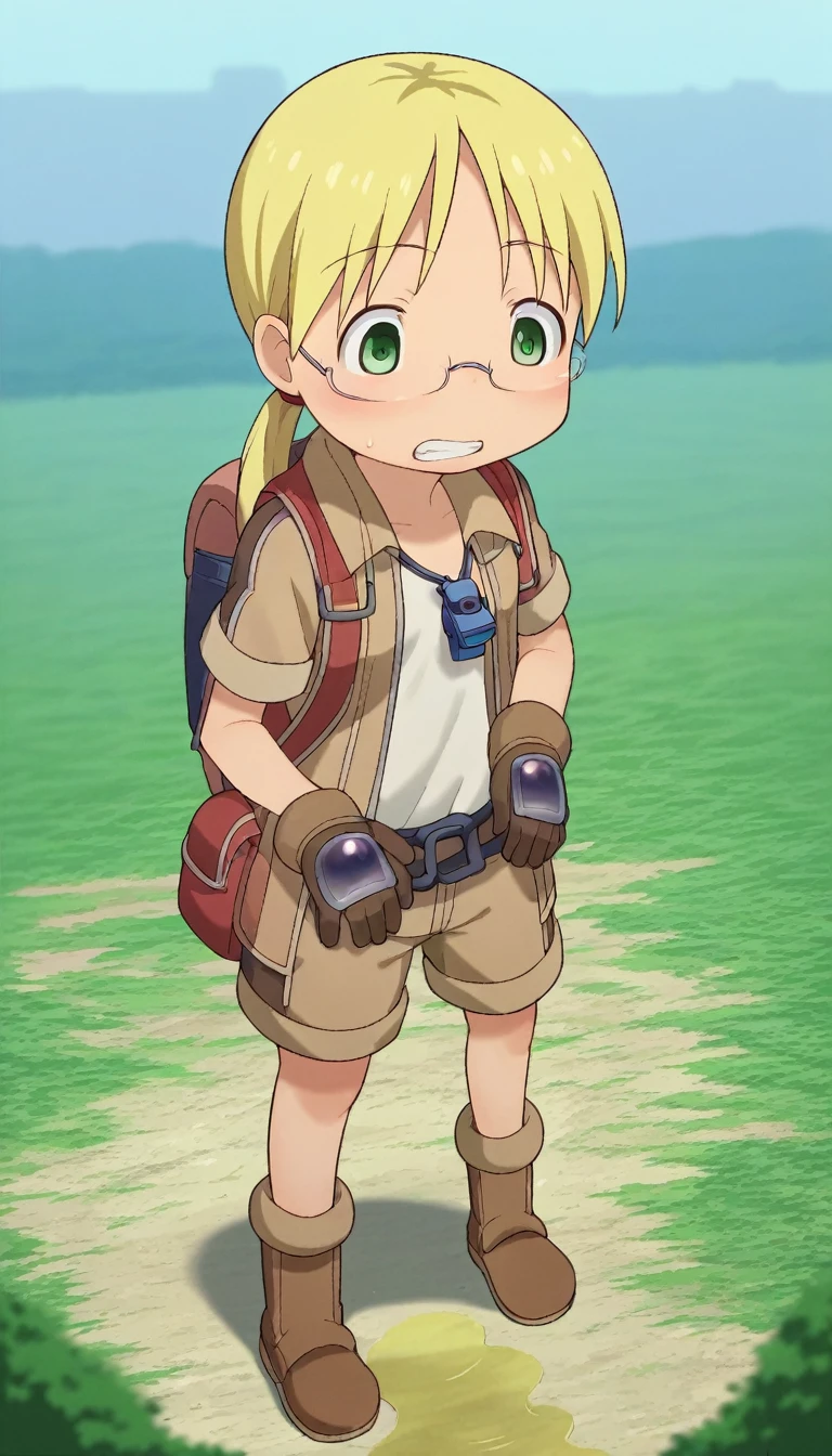 1girl, solo, mabyss, scenery, thirdlayer, riko \(made in abyss\), blonde hair, green eyes, glasses, low twintails, gloves, jacket, short sleeves, open clothes, teeth, shorts , bag, open jacket, backpack, helmet, , brown gloves, brown jacket, female , whistle, whistle around neck, (((looking down, blushing, shocked expression, clenching teeth, hands on cheeks))), brown helmet, full body, boots, standing, hands on hips, ((wetting self, yellow puddle, pee stains, ))