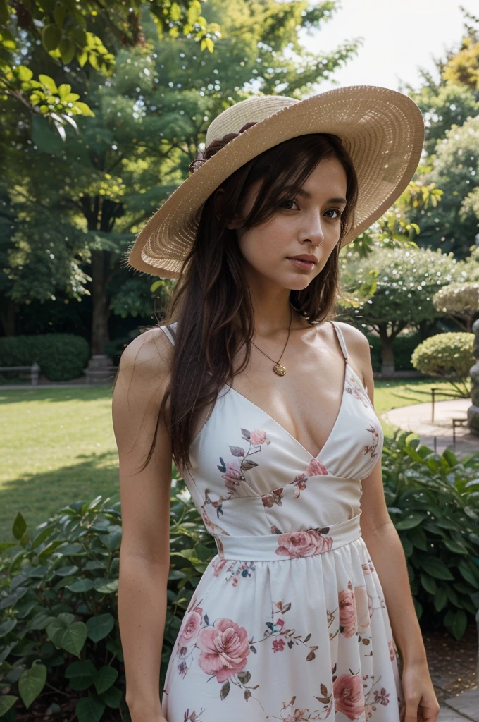 1girl in, 30 years old, Square face, Long hair, Looking at viewer, jewelry, Reality, Sexy, in a flowing A-line, floral dress complemented by a wide-brimmed hat, in a picturesque park or botanical garden