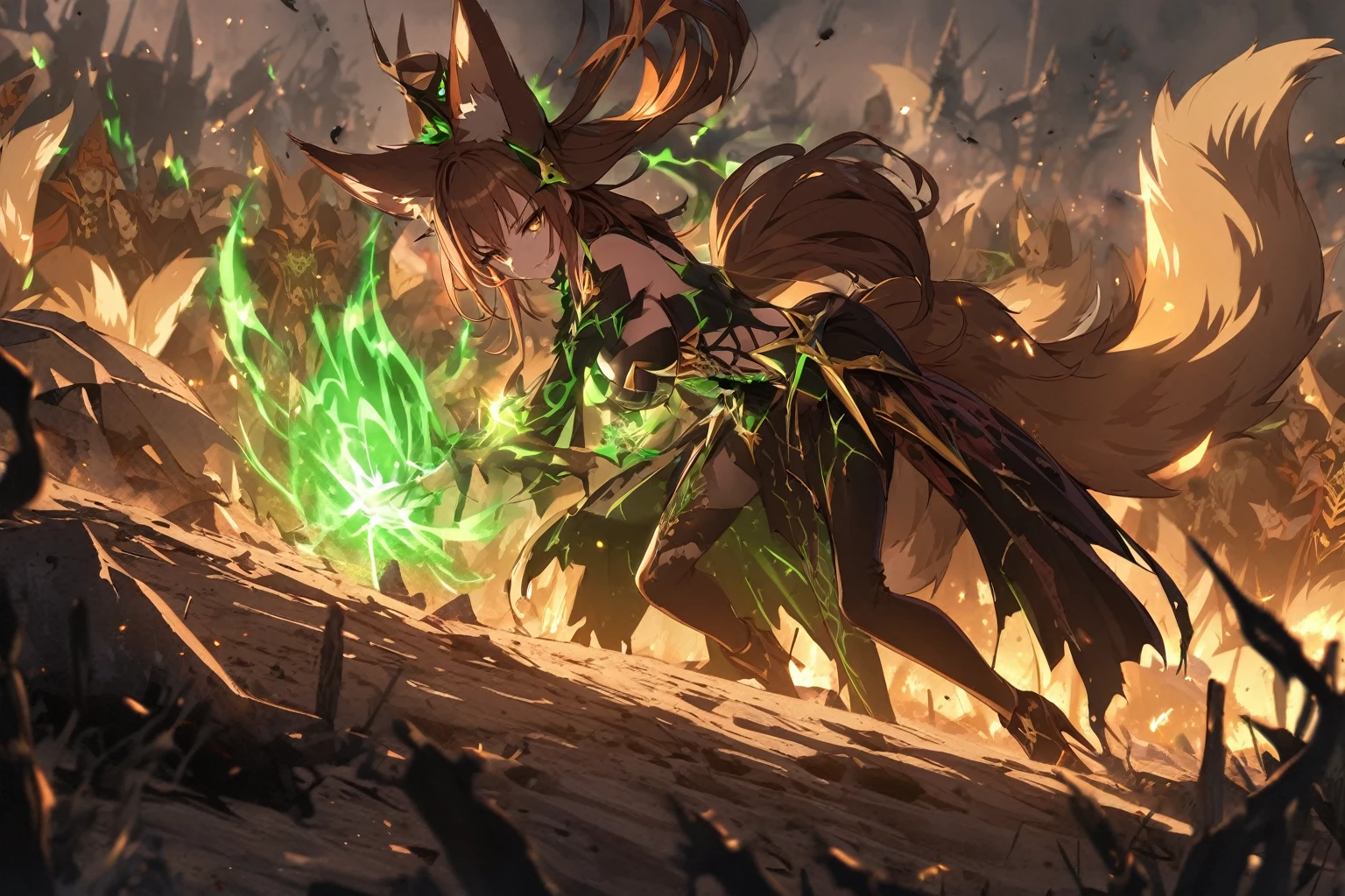 hand drawing, high detail, kitsune necromancer on a battlefield, using magic to raise the dead, sexy outfit, brown hair, brown eyes, evil, green magic, foxtail