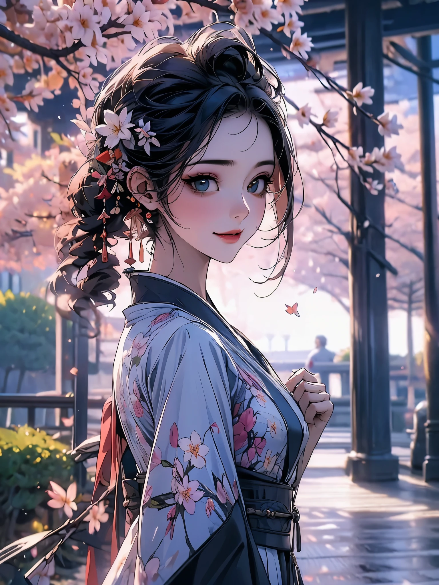 ((best qualityer)), ((work of art)), ((realisitic)),  with impeccable beauty in a serene Japanese garden with cherry blossoms at eye level, scenic, work of art, (high resolution), original, extremely detalheed 8K , (photorealisitic:1.4),flawless face, perfects eyes,symmetrical body shape,ssmile, 