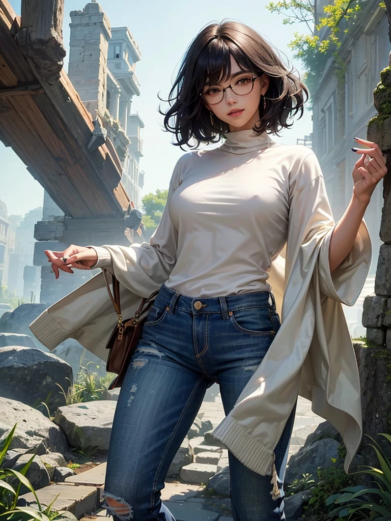 A handsome young man with curly, fluffy black hair, hooded almond-shaped eyes in a mossy green color, smooth and soft olive-toned skin, defined facial features, a slender, triangular body shape, a straight nose with a soft tip, plump, full lips with a pronounced Cupid's bow, a wide mouth, long lashes, tall stature with large hands and dark purple painted nails, a chiseled jawline, high cheekbones, and thick straight eyebrows, yet with a gentle demeanor. He wears a white shirt, a beige sweater on top, loose light blue denim jeans, and white shoes. He has rectangular thin-framed glasses and a "messy cut" hairstyle. His smile is kind and welcoming, with perfectly white teeth despite having sharp canines.
