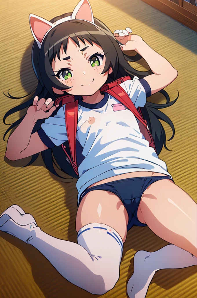 masterpiece, ultra quality, ultra sharp, ultra detailed, 1girl, solo, (((good anatomy))), haduki kurumi, (tattered torn dripping wet white gym shirt), navy gym pants, animal ears, randoseru, name tag, Japanese anime pose, laugh, BurumaShorts, Buruma, Gym Uniform, (((lying:1.4,  spread_legs, legspread, split_legs, spreading legs)), (randoseru backpack:1.4), (smirk smile), buruma, blue buruma, black buruma, (cameltoe), (tattered torn short sleeve white gym uniform with colored hem), (tiny nipples), (white long loose socks), strong lighting, legspread, bukkake, cum on clothes, cum on legs, cum on buruma, cum on bloomers,