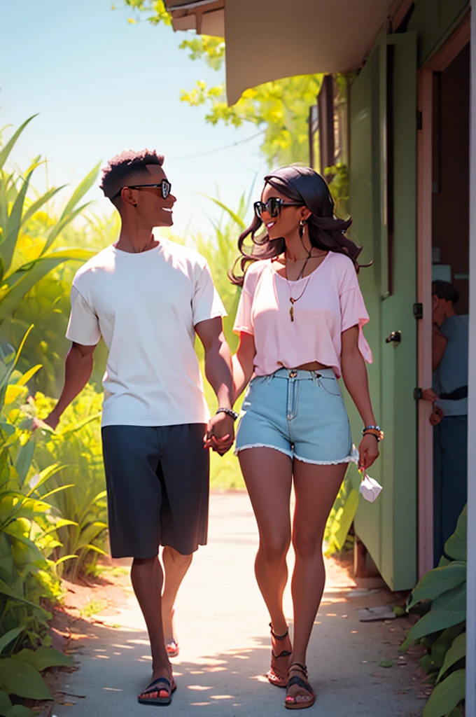 young woman in shorts, casual, modest, with her husband in shorts, holding hands, happy, talking to eachother, bbq, summer, outdoors,
