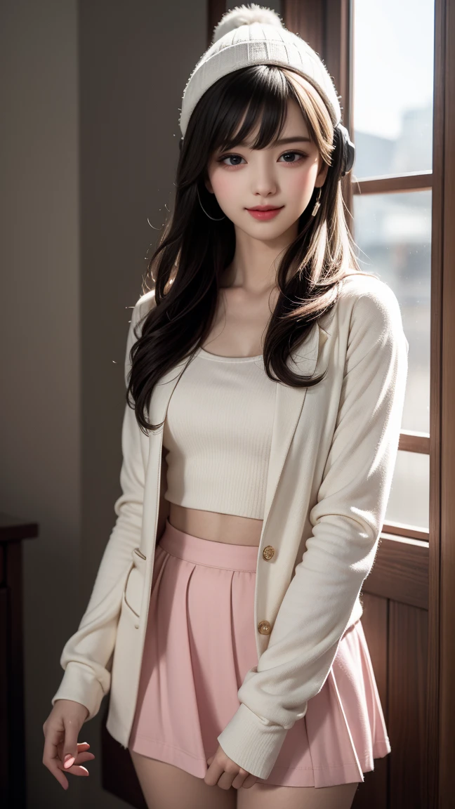 (masterpiece, best quality, detailed), solo, cowboy shot, interface headset, 1girl, parted lips, blush, makeup, light smile, looking at viewer, medium breasts, fit and  body, jacket, standing, long sleeves, black mini skirt, (white shirt), open jacket, (beanie), bangs, light rays, glow, collarbone, narrow waist, wallpaper, eyeliner, eyeshadow,