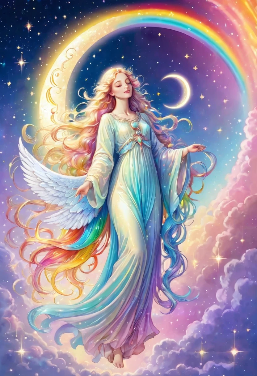 Birth of a beautiful angel standing on a bright crescent moon, divine light, wrapped in light, zodiac signs, pearl light, long hair in rainbow colors in pastel colors