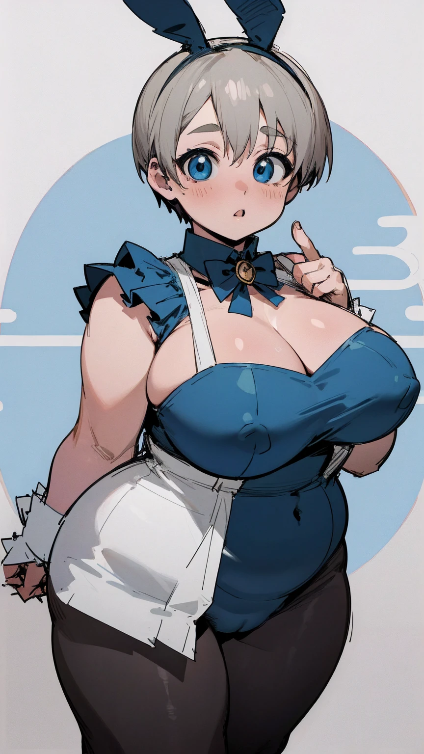 masterpiece, best quality, ultra-detailed, Potrait of beautiful , (chubby) (muscular), (plump), (sexly), (cleavage), ((tomboy)), (アニメ), (Breasts), (Plump), ((very short hair)), ((Uzaki Hana)), (overweight), (Gray Hair) (Wearing black tights), ((Saggy breasts)), (blue eyes), (Short Hair), (blue eyes), ((thick)), (bunny girl), (fullbody), (Bunny ears)