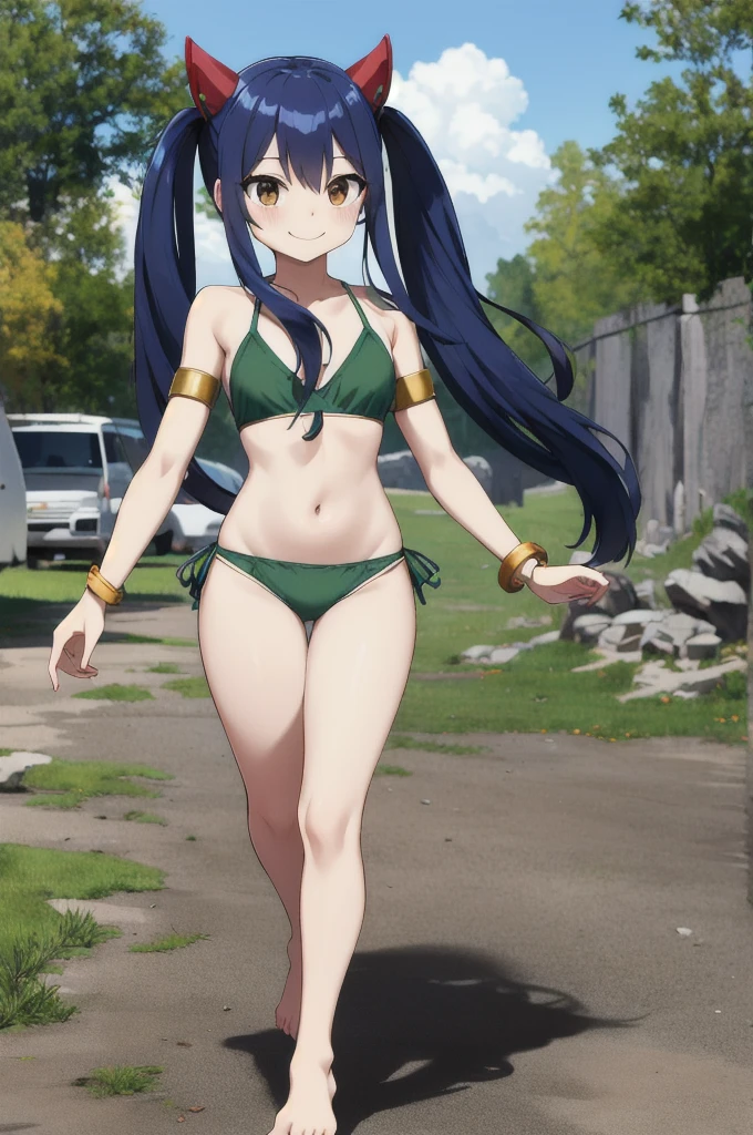 masterpiece, best quality, highres, aawendy, long hair, twintails, hair ornament, bare shoulders, green bikini, armlet, bracelet, outdoors, standing, cowboy shot, smile, barefoot