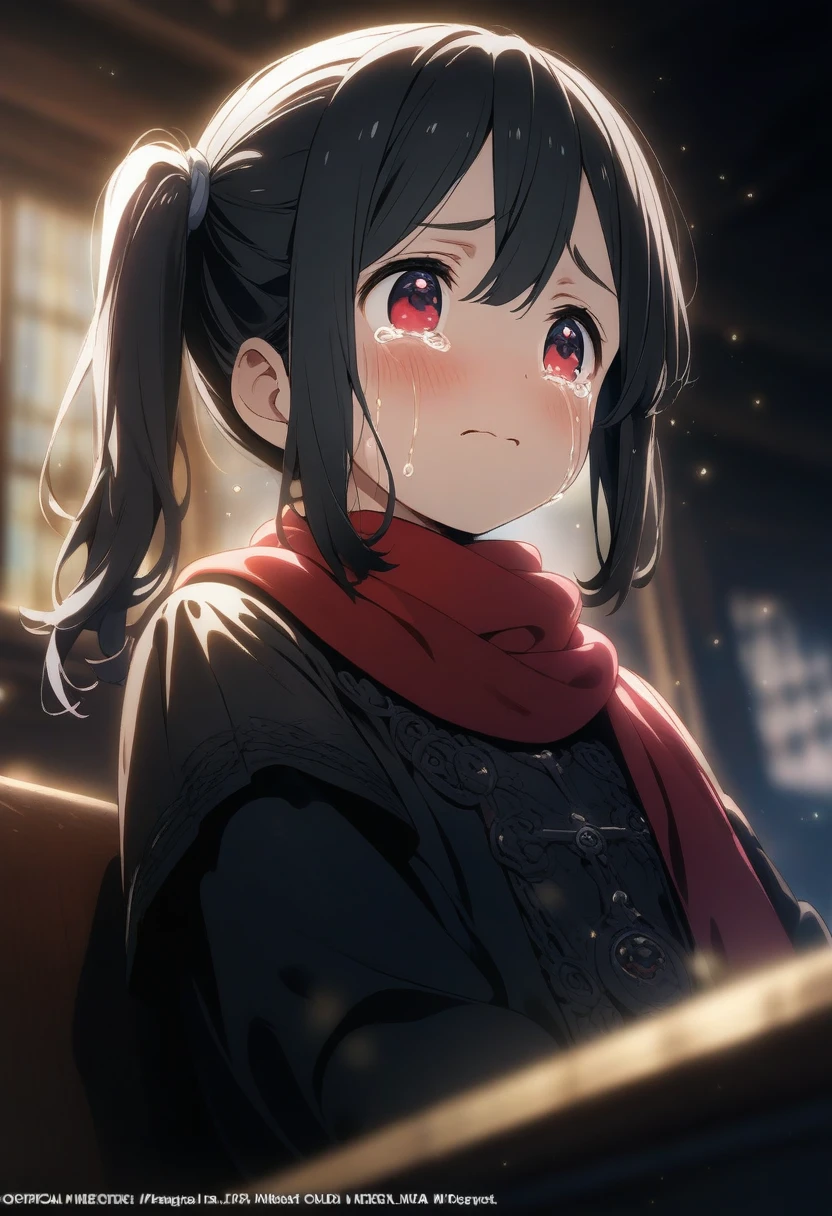 1girl meito \(maze\), official art, sitting, crying, tears streaming, black coat, red scarf, black hair, side_ponytail, red eyes, (very aesthetic, best quality, ultra detailed), intricate details, highres, indoors, light particles, close-up, blurry background,, low angle, cinematic angle, cowboy shot, emotional, delicate features
