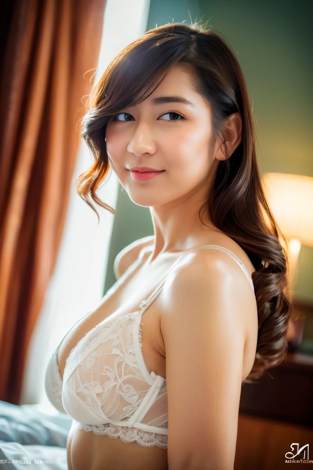 standing, bare shoulder, white lace bra, white lace gloves, white lace panties, white garter belt, looking at camera, front view, long hair, bangs, (detailed face), at bedroom, tempting pose, potrait body, mouth closed, smiling, black eyes, 1 girl, 20yo,Young female,Beautiful Finger,Beautiful long legs,Beautiful body, Beautiful Nose,Beautiful character design, perfect eyes, perfect face,expressive eyes,perfect balance, (looking at viewer), official art,extremely detailed CG unity 8k wallpaper, perfect lighting,Colorful, Bright_Front_face_Lighting,White skin, (masterpiece:1.0),(best_quality:1.0), ultra high res,4K,ultra-detailed, photography, 8K, HDR, highres, absurdres:1.2, Kodak portra 400, film grain, bokeh:1.2, lens flare, (vibrant_color:1.2),professional photograph, (Beautiful,huge_Breasts:1.4), (beautiful_face:1.5),(narrow_waist)