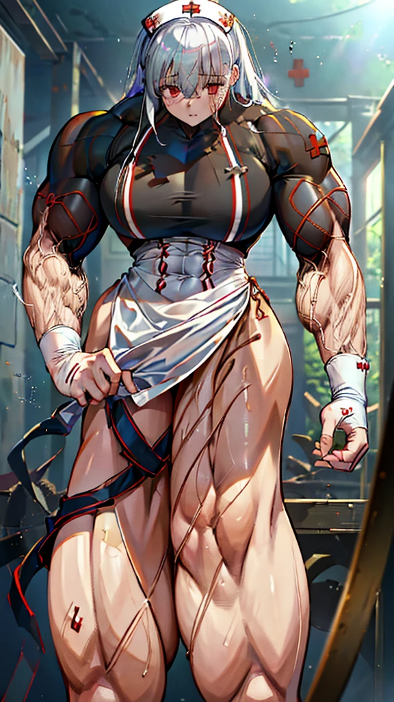 Masterpiece artwork, highest quallity, More details, 1 girl, BREAK, horor, (Little injured girl, bloodstains, bleeding, injury), Bright white hair, red eyes like jewels, anime highlighted eyes, (nurse uniform: 1.4), (White tight miniskirt: 1.2), white pantyhose, clothes with scars, dirt clothes, roupas manchadas de bloodstains, scarred skin, battle damage, bandaged arms, bandaged legs, (yandere: 1.2), BREAK, The background is a modern hospital, a collapsing hospital, BREAK , fully body, film lighting, Action Movie Poster, dynamic, beautiful action actress, motion-blur, Depth of field, 35mm, Sony FE, 1girl, musculosa extremely muscular, extremely muscular, extremely large physique, pernas extremely musculars, braços extremely muscular, extremely sex, more muscular, extremely sex, extremely muscular, extremely large physique, pernas extremely musculars, braços extremely muscular, very muscular, sensuous,