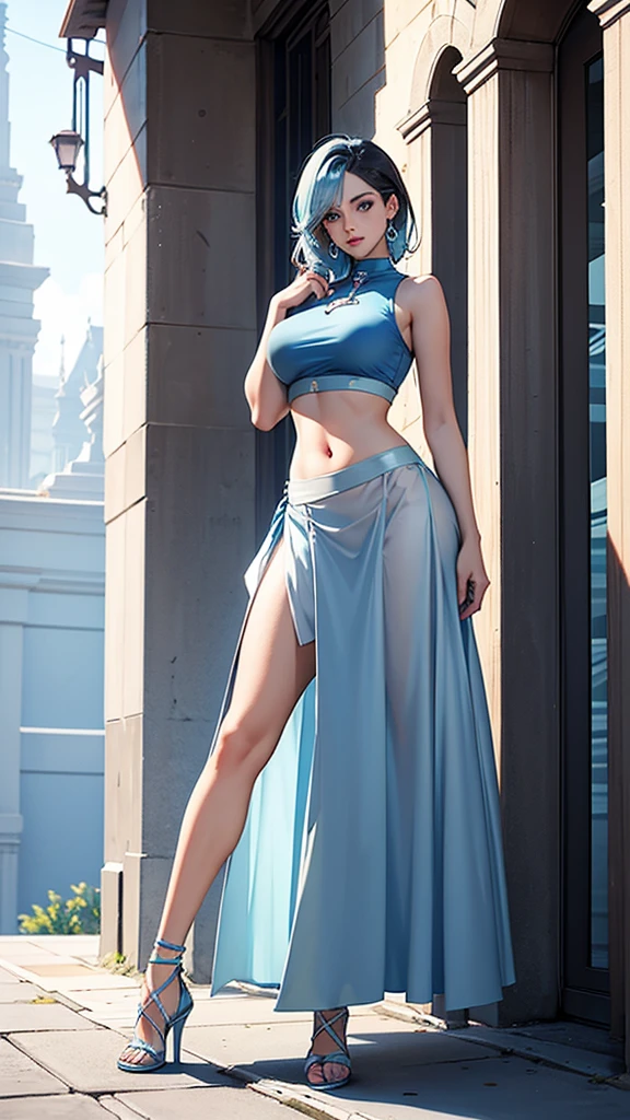A sexy girl, beautiful beauty, light blue hair, her big round blue eye, light pink lip, she wears a white sleeveless shirt, shows her navel, and a long blue skirt with a long heel, black hair, wearing a pussy, ((((toma desde atras)))