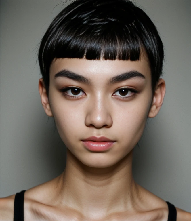 Portrait of 22years old asian man, (black mushroom cut hair and clean), fresh skin, narrow and small eyes, ((single eyelid:1.5)), ((thin eyebrows, light eyebrows:1.4)), hollow cheeks, closed mouth, (fashion model, runway:1.2), the image is horizontal for banner space, showing a close-up of a human subject in the right position, It is photorealistic, a natural shot captured by the best studio photographer, epiC35mm