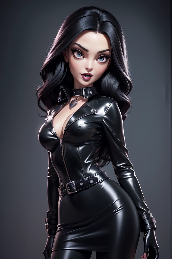 obra prima, melhor qualidade, ((only one woman,)) ((carolyn jones morticia, straight black hair,)) head back, ((sexy sultry wicked look, shiny black lipstick, open mouth, pucker mouth,)) thick smoky black eye shadow, long fake eyelashes, ((long leather tight fitting vamp skirt,)) ((shiny pvc blouse,)) ((wearing leather biker blazer with puff shoulders and stiff collar over blouse,)) shiny leather gloves, nip slip, body is skinny, shiny tight buttocks, arched back, (camera view of whole body,) looking up at me, shallow depth of field, highres, HD, 8k, anatomically correct