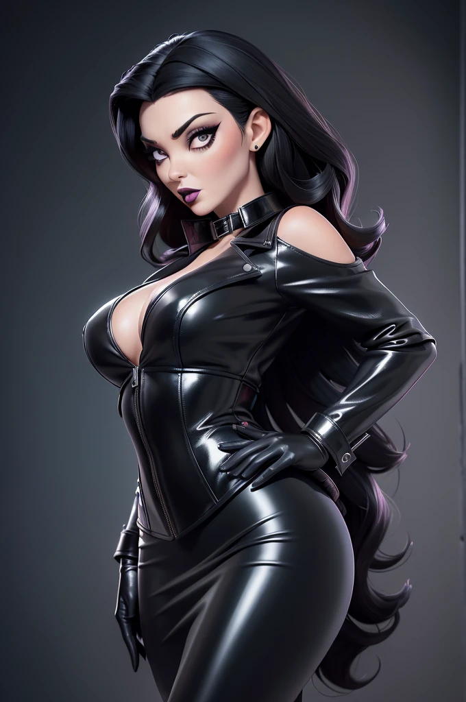 obra prima, melhor qualidade, ((only one woman,)) ((carolyn jones morticia, straight black hair,)) head back, ((sexy sultry wicked look, shiny black lipstick, open mouth, pucker mouth,)) thick smoky black eye shadow, long fake eyelashes, ((long leather tight fitting vamp skirt,)) ((shiny pvc blouse,)) ((wearing leather biker blazer with puff shoulders and stiff collar over blouse,)) shiny leather gloves, nip slip, body is skinny, shiny tight buttocks, arched back, (camera view of whole body,) looking up at me, shallow depth of field, highres, HD, 8k, anatomically correct