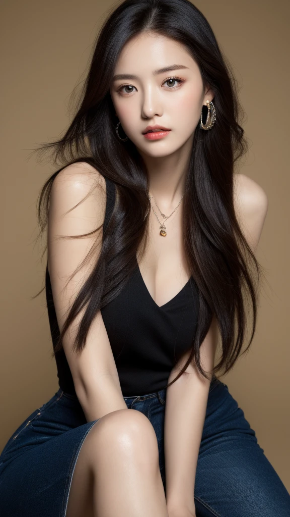 masterpiece, best picture quality,(looks real, high - resolution:1.3), 1 girl with a perfect body, Super fine face and eyes,long hair,black dress :1.2, short jeans, perfect boob, necklace, earring, textured skin, real skin