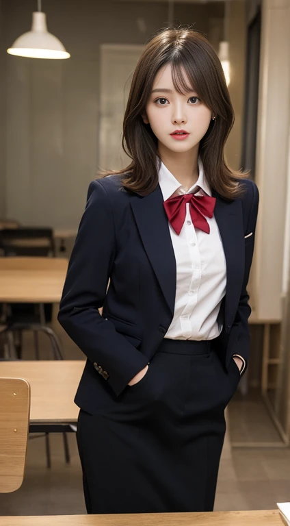 On the table, Highest quality, lights, Super detailed, More about pubic hair, High resolution, 8k wallpaper, Perfect dynamic composition, Beautiful Eyes, Natural lips,Blazer jacket ,uniform, Lop, Lesbians all over,Put your hands in your pockets