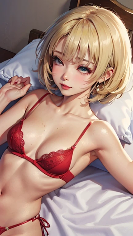 ((Browsing Caution:1.4, masterpiece, Highest quality, High resolution, 超High resolution, Pixel perfect, Written boundary depth, 4K, RTTX10.0, High resolution))), One Girl, single, alone, she, Beautiful Anime Girls, Beautiful art style, Anime characters, (((((short hair、Blonde、lure))))), ((Beautiful eyelashes)), ((Detailed face, Blushing:1.2)), ((Smooth texture:0.75, Realistic texture:0.5, Anime CG Style)), ((Beautiful and large breasts, Cleavage)), indoor, Bedroom, Dynamic Angle, Big Breasts, Perfect body, Underarm, ((Sleeping in bed, (Sleep on your back:1.5), sleepy, close your eyes, Lying in bed, Sleeping posture, Wake up)), ((close, throw, cute, Shoot the body, Sighing expression)), ((red bra color, Red Lingerie)), (Natural light, Reflection of light, Morning Scenery), Embarrassed expression, (Expression of sexual pleasure:1.4), (Expression of unbearable pain:1.2), The expression of someone who is holding back from going to the toilet, twist, Raise your hand