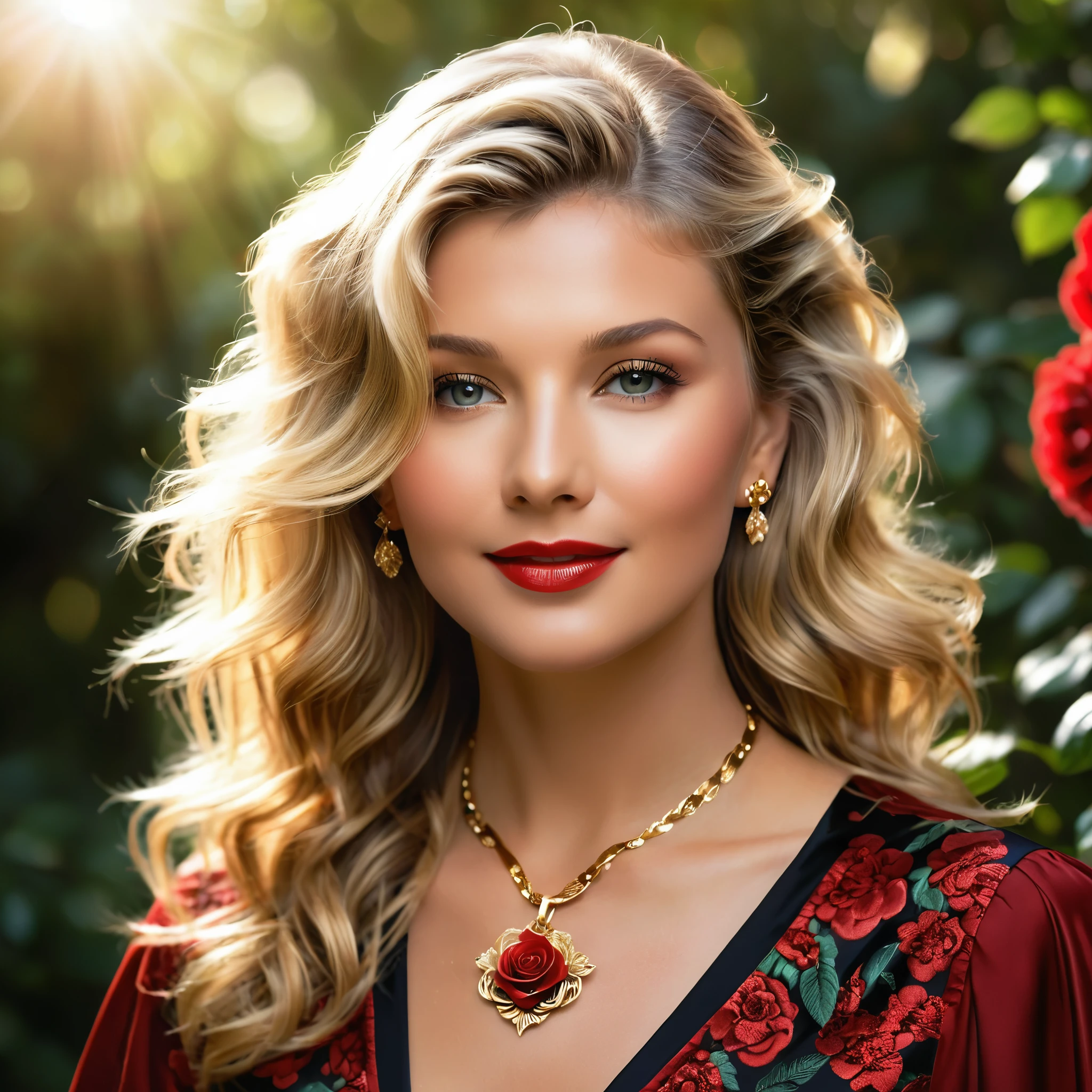 Create a highly detailed and realistic portrait of a young Olivia Newton-John with long, wavy blonde hair adorned with red roses. She has striking, expressive eyes and a calm, composed expression. She is wearing a vintage-style outfit with a necklace featuring a pendant. The background is a soft-focus natural setting with warm, dappled sunlight filtering through the leaves, enhancing the serene and romantic atmosphere. The style should be hyper-realistic with a touch of romanticism. Photo Realistic photo, vibrant colors, 16k