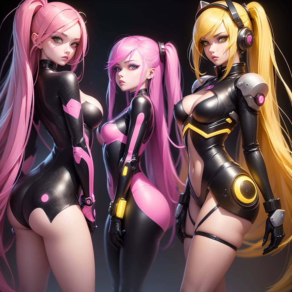 Two sexy Android girls posing next to each other back to back with a half turn they have long pink hair in a pink suit with small yellow elements the woman is half a cyborg modification Beautiful sexy with bright yellow eyes stands at full height with a half turn sideways Anime Style black background Cyberpunk style, Robot Girl, black background image of night black city and pink neon lights