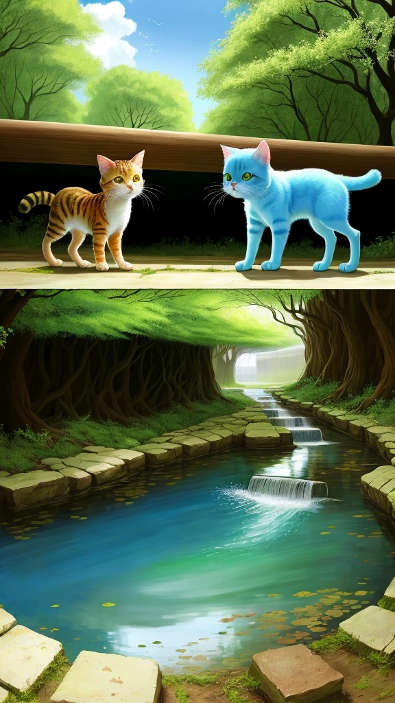 forest，cute cat，fish，There is only one animal，Only one cat，美味的fish，Cat at the dining table，stream，copse，Blue sky and white clouds，Children&#39;s illustrations，HD，Ultra-clear，超HD，4K，8K，5.1，bush