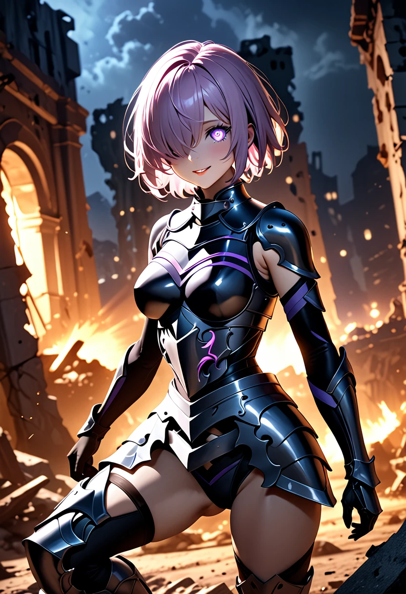 (masterpiece, top quality, best quality, beautiful and aesthetic:1.2), full body, SFW, extremely detailed, detailed face and eyes, cinematic light, depth of field, 1girl, seducing smile, solo, official, (full armored knight:1.4), dark armor, mash kyrielight, light purple hair, short hair, hair over one eye, slim body, cinematic lighting, dramatic lighting, dramatic atmosphere, hyper-realistic, high resolution, stunning contrast, high quality, best quality, 8k, 4k, intricately detailed, (amazing details:1.2), highly detailed skin, powerful presence, vibrant colors, (detailed eyes:1.2), striking eyes, (detailed background), (warzone on background, night, ruins), (dynamic angle:1.2), (dynamic pose:1.2)