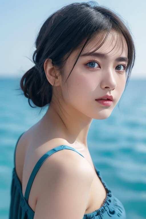 (award winning, 8k, super detailed, high resolution, best quality, photography, portrait of upper body), 1girl, solo, beautiful girl, beautiful eyes, detailed eyes, (black eye), (light blue dress), short ponytail hair, black hair, ocean background.