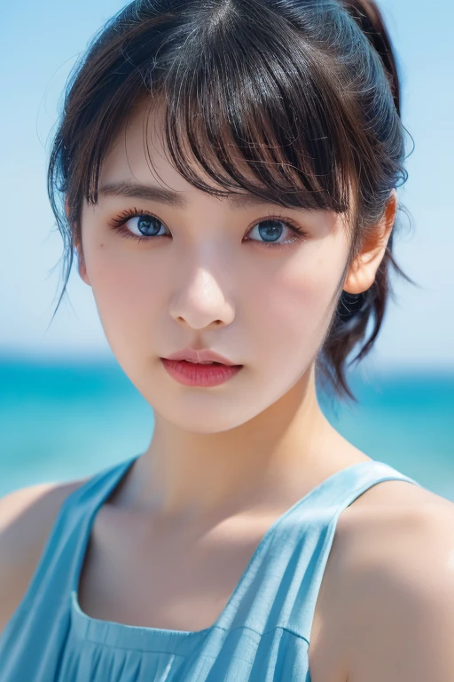 (award winning, 8k, super detailed, high resolution, best quality, photography, portrait of upper body), 1girl, solo, beautiful girl, beautiful eyes, detailed eyes, (black eye), (light blue dress), short ponytail hair, black hair, ocean background.