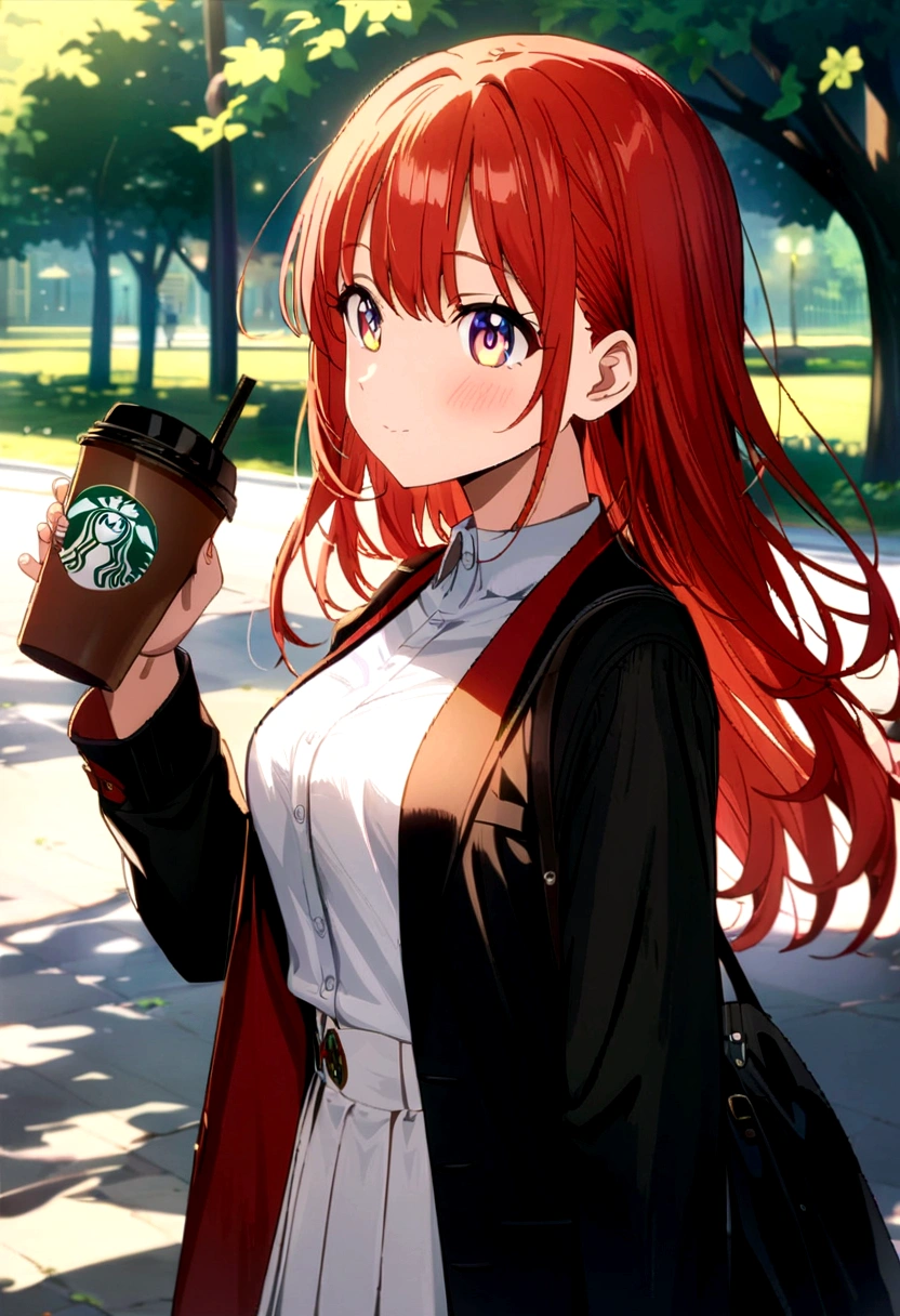 anime girl with red hair holding a starbucks cup and a coffee, mysterious coffee shop girl, anime girl drinks energy drink, anime style 4 k, marin kitagawa fanart, 4k anime wallpaper, anime visual of a cute girl, anime wallpaper 4k, anime wallpaper 4 k, young anime girl, drinking a coffee, attractive anime girl, high quality anime artstyle