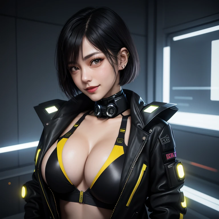 realistic, portrait of a girl,AI language model, short hair, smart, energetic, cheerful, creative, with sparkling eyes and a contagious smile, cybertech wear, sleek and futuristic design elements, 20 years old, 1girl, japanese, cleavage, underboob, black jacket, yellow top tank, cyberpunk clothes, cleavage exposed, thick girl, tech short, portrait 