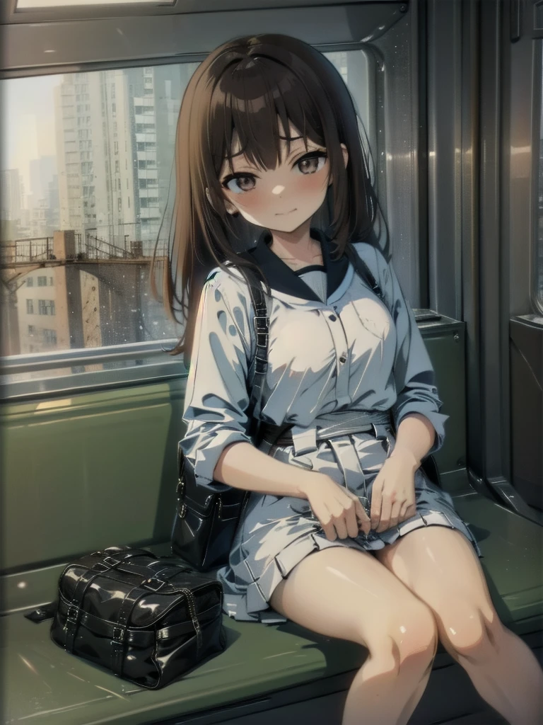 (1) sitting alone on a long train seat,Sit with your legs apart,Showing white panties, Composition from the front,Low Angle,
(2) I&#39;There is a JK, She is wearing a miniskirt uniform, Sailor suit and loose socks.,
(3) I have medium length brown hair,
(4) Provocative, smirking expression.,
(5) The location is a long seat on the Yamanote Line at night..,There are no other customers,The view outside the window is the night view of the city.