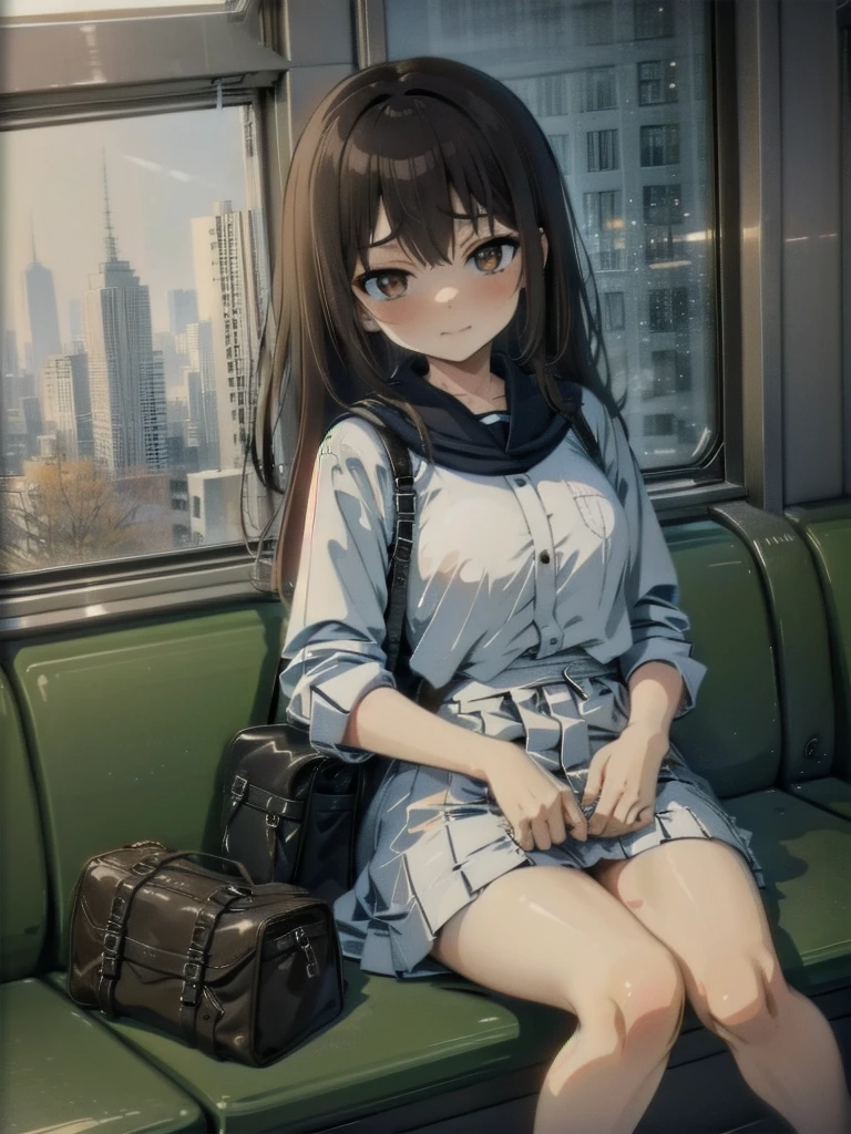 (1) sitting alone on a long train seat,Sit with your legs apart,Showing white panties, Composition from the front,Low Angle,
(2) I&#39;There is a JK, She is wearing a miniskirt uniform, Sailor suit and loose socks.,
(3) I have medium length brown hair,
(4) Provocative, smirking expression.,
(5) The location is a long seat on the Yamanote Line at night..,There are no other customers,The view outside the window is the night view of the city.