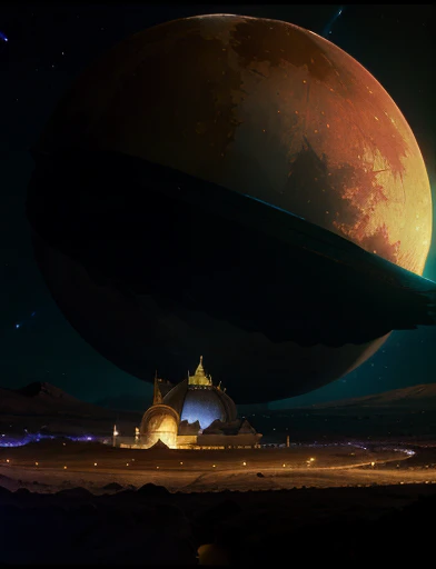 The place is lit, clearing , giorno , The gigantic spacecraft approaches the gigantic Moon Europa of the planet Mars. In the background immense galaxy and nebulae.