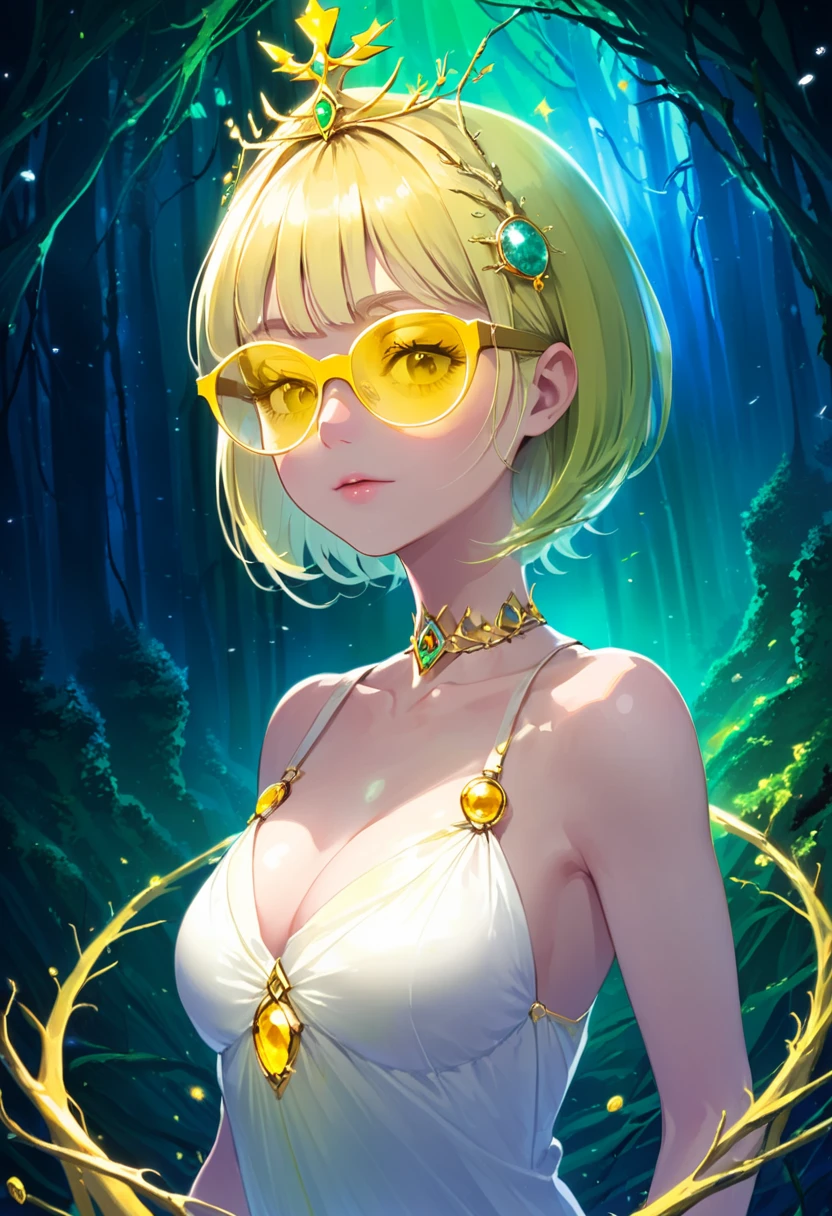 a young queen, short hair, (((yellow under-rim glasses:1.3))), headphone, Blunt bangs,a golden crown made of roots and precious stones. She wears a beautiful tight white dress, which highlights her silhouette and her full breasts, her hair is green and her eyes are blue, she looks towards the viewer, and around her is a beautiful background of a mystical and magical forest.